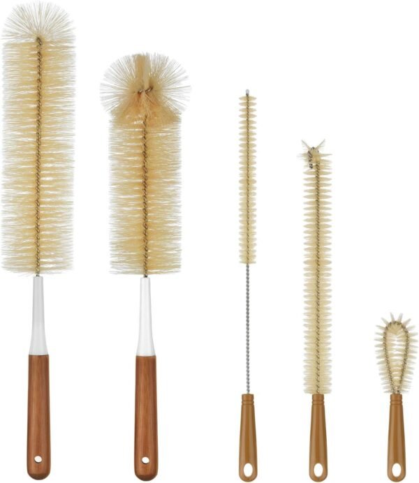 ALINK 5-Pack Bottle Brush Cleaner - Long Bamboo Handle Water Bottle Straw Cleaning Brush for Washing Narrow Neck Beer Wine Decanter, Sports Bottle, Thermos, Flask
