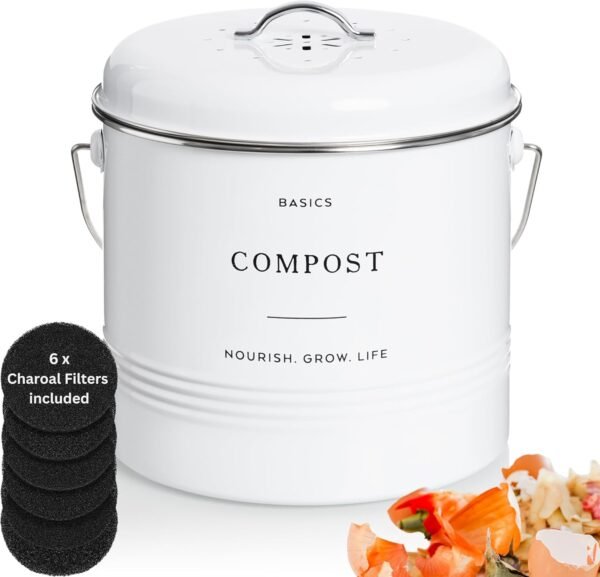 D'Lifeful Kitchen Compost Bin - 1.3 Gallon Countertop Compost Bin with Lid - Farmhouse Kitchen Composter with 6 Smell-Absorbing Charcoal Filters - Eco-Conscious and Easy to Clean Compost Bucket -White