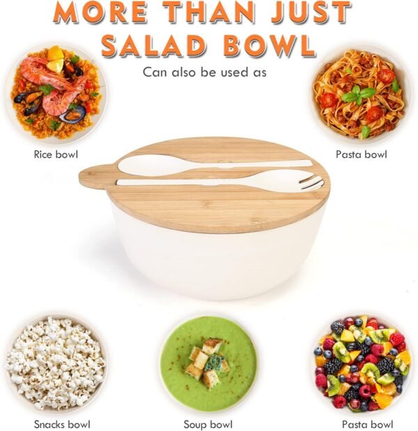 ShineMe Large Salad Bowl with Lid, 9.8inches White Salad Serving Bowl Set with Utensils, Bamboo Wooden Salad Bowl with Multifunctional Lid with Handle and Silicone Seal Ring - Image 2