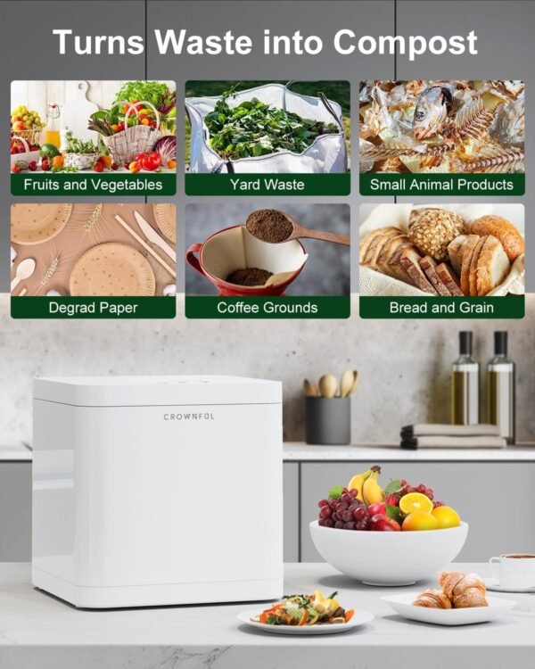 CROWNFUL Electric Compost Bin Kitchen, Smart Kitchen Waste Composter, Food Composter Indoor/Outdoor, Food Cycler with 3.3L Capacity, Compost Machine for Apartment Countertop - Image 3