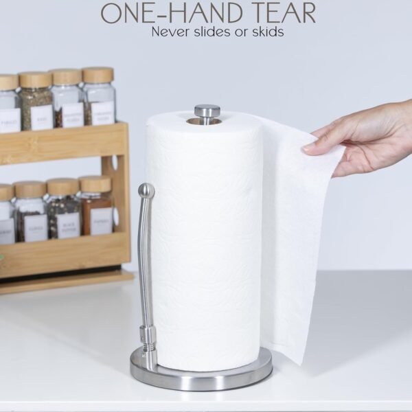 Stainless Steel Paper Towel Holder, Standing Weighted Base, Spring Arm Attachment for Easy One-Handed Tear, Has Suction Cups and Holds All Paper Towel Rolls, Perfect for Kitchen Countertop - Image 3