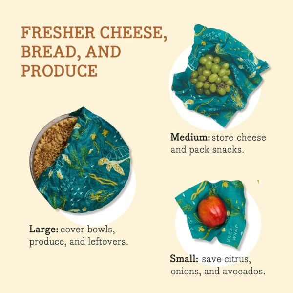 Bee's Wrap Reusable Beeswax Food Wraps Made in the USA, Eco Friendly Beeswax Wraps for Food, Sustainable Food Storage Containers, Organic Cotton Food Wraps, Assorted 3 Pack (S, M, L), Ocean - Image 5