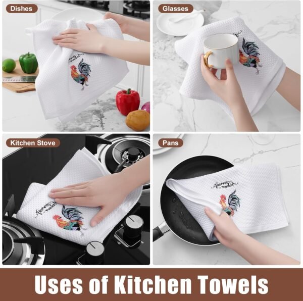 Homaxy 100% Cotton Waffle Weave Rooster Embroidery Kitchen Dish Towels, Ultra Soft Absorbent Quick Drying Cleaning Towel, 13 x 28 Inches, 4-Pack - Image 4
