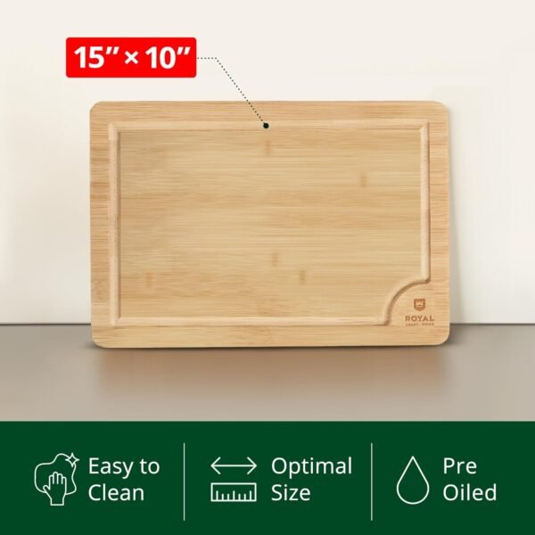 ROYAL CRAFT WOOD Bamboo Cutting Board with Juice Groove - Kitchen Chopping Board for Meat Cheese and Vegetables, Heavy Duty Serving Tray w/Handles (Large,10 x 15") - Image 3