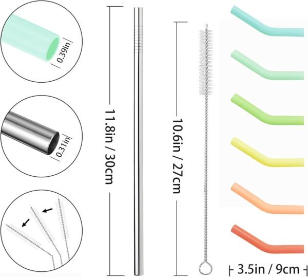 6 PCS Metal Straws Reusable with Silicone Tip and Cleaning Brush, Stainless Steel Straws Replacement for 40 oz Stanley Tumbler and 24 oz Cup (8mm Sliver) - Image 6
