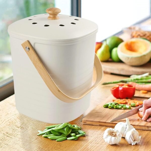 Yatmung Compost Bin Kitchen, Countertop Compost Bin, Compost Bucket Made of Bamboo Fiber, Small Compost Bin with Charcoal Filter, Cream - Image 2