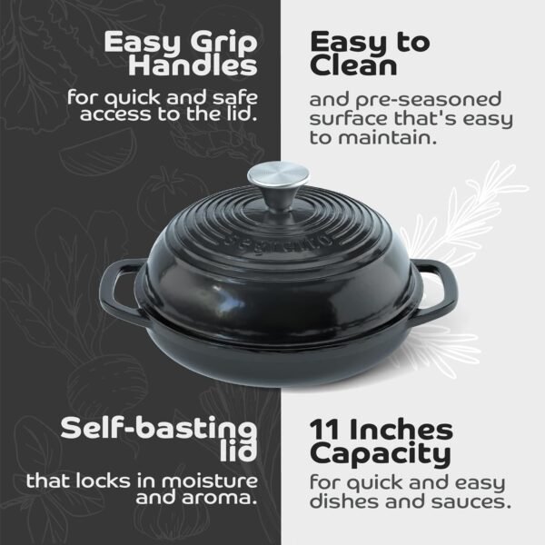 Enameled Cast Iron Bread Pan with Lid, 11” Nero (Black) Bread Oven Cast Iron Sourdough Baking Pan, Dutch Oven for Bread - Segretto Cookware - Image 3