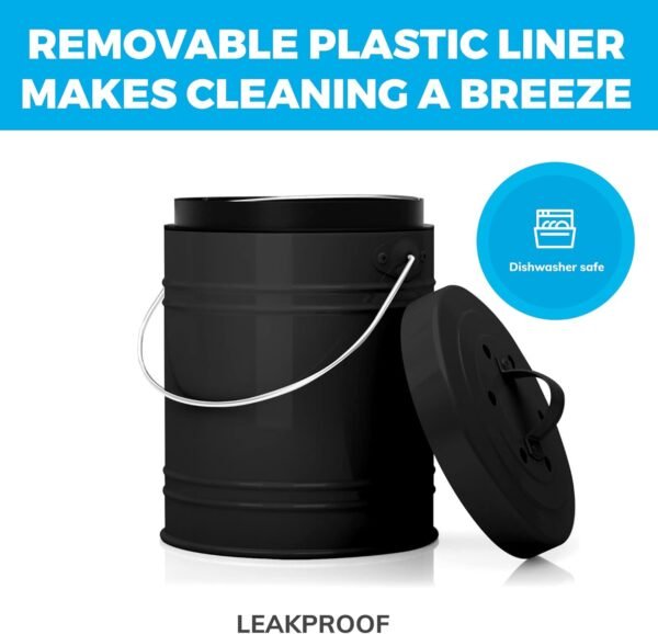 Cooler Kitchen 3 Liter Black Countertop Compost Bin - Kitchen compost bin with EZ-No Lock Lid, Plastic Liner & Charcoal Filters - Sturdy Construction & Odor-Free Seal to Prevent Smell, Dishwasher Safe - Image 5