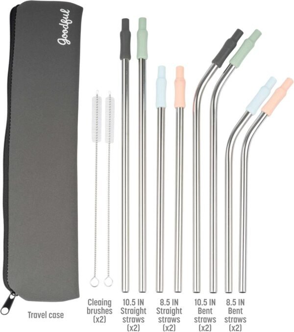 Goodful 8 Piece Variety Pack Reusable Travel Stainless Steel Straw Set, Travel Case, Cleaning Brushes, Removeable Silicone Tips, Multi Color - Image 8