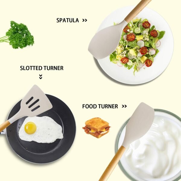 MIBOTE Silicone Cooking Kitchen Utensils Set with Holder, Wooden Handles BPA Free Non Toxic Silicone Turner Tongs Spatula Spoon Kitchen Gadgets Utensil Set for Nonstick Cookware (Khaki) - Image 3