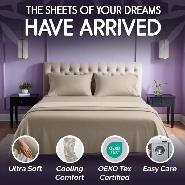 SLEEP SANCTUARY 100% Organic Viscose Derived from Bamboo Sheets Queen Size 6pcs - Ultra Soft & Cooling, 17" Deep Pocket, Double Stitching, Perfect for Hot Sleepers - Queen Bed Sheets (Taupe) - Image 2