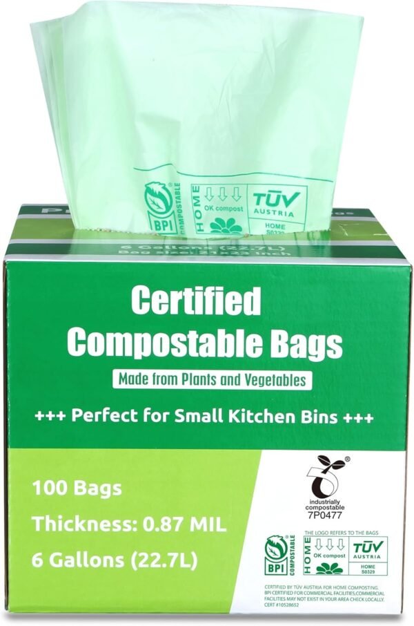 Primode Compostable Bags, 6 Gallon Food Scraps Yard Waste Bags, 100 Count, Extra Thick 0.87 Mil. ASTMD6400 Compost Bags Small Kitchen Trash Bags, Certified By BPI And TÜV AUSTRIA,