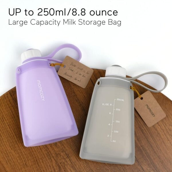 No Leak Momcozy Silicone Breastmilk Storage Bags, Reusable Breastmilk Freezer Storing Bags for Breastfeeding, 8.5oz/250ml Breast Milk Saver, Leakproof Baby Food Pouches, BPA Free (Gray, 5pcs) - Image 7
