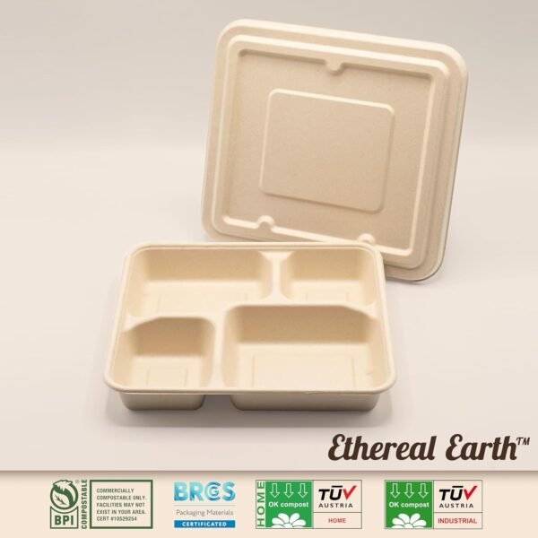 Ethereal Earth Take Out Food Containers [BPI Certified], 9X9 4-Compartment Meal Prep Lunch Bento Boxes with Lids, 25 Pack, Natural Disposable, Heavy Duty, Biodegradable,Made of Bagasse - Image 4