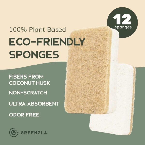 Greenzla Natural Kitchen Sponges 12 Pack - Plant-Based Biodegradable Sisal Hemp Dish Sponge - Eco-Friendly, Zero-Odor, Non-Scratch Scouring Pad for Kitchen Countertops, Bathtubs, Tiles, and More - Image 2