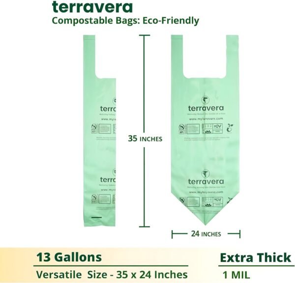 13 Gallon Compostable Trash Bags - Handle Tie | Extra Thick 1 mil|BPI & OK Home Certified ASTM D6400 Standards | Food Scraps, Kitchen Trash, Home & Yard Waste Bags | 30 Count compost bags - Image 3
