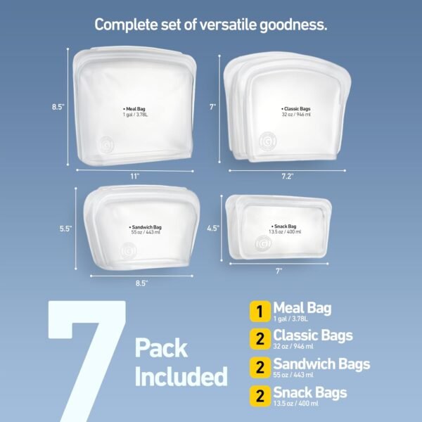 Honest Goods Silicone Food Grade Reusable Storage Bag, 7 Pack, Meal Prep, Snacks, Kid Food, Airtight Leak-Proof Premium Silicone Storage Bags, Microwave & Freezer-Safe (Clear) - Image 3