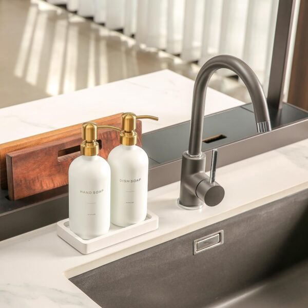 Gold Soap Dispenser Set, Glass Soap Dispenser with Gold Stainless Steel Pump, Perfect for Modern Kitchen Counter Decor. (Gold) - Image 2
