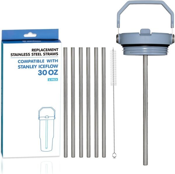 6 PCs Replacement Stainless Steel Straws for Stanley ice flow, 7.95 inch Reusable straw for Stanley Ice Flow 30oz with Cleaning Brush, Compatible with Stanley Flip Straw Tumbler (30oz)