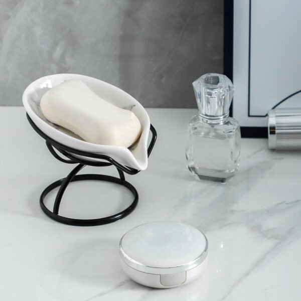 Leaf-Shaped Soap Dish – Ceramic Soap Bar Holder with Self-Drainage System – Bar Soap Holder for Shower, Bathroom Sink, Kitchen – Soap Dish with Stainless Steel Stand (White-Black-2 Pack) - Image 6
