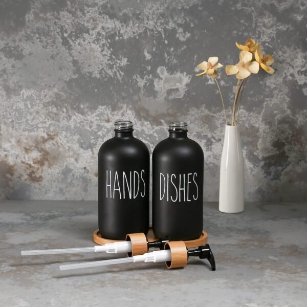 MOMEEMO Matte Black Glass Soap Dispenser Set - Hand and Dish Soap Dispensers Suitable for Rustic Kitchen Decor (Black) - Image 4