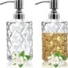 2 Pack 12 Oz Glass Soap Dispenser with Stainless Steel Pump, Refillable Liquid Hand Soap Dispenser for Bathroom, Vanity Countertop,for Kitchen, Laundry Room, Home Decor Accessories (Silver)