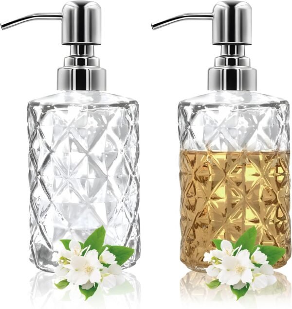 2 Pack 12 Oz Glass Soap Dispenser with Stainless Steel Pump, Refillable Liquid Hand Soap Dispenser for Bathroom, Vanity Countertop,for Kitchen, Laundry Room, Home Decor Accessories (Silver)