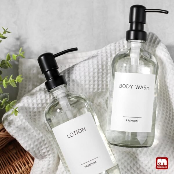 GMISUN Glass Soap Dispenser with Pump, 2 Pack Clear Bathroom Hand Soap Dispenser with Stainless Steel Pump, 16 Oz Refillable Kitchen Hand and Dish Soap Dispensers Set, Modern Liquid Pump Bottles - Image 7