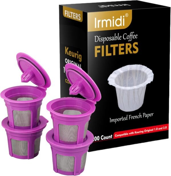 100 Count Disposable Coffee Paper Filters with 4 Pack Reusable K Cup Coffee Pods,Compatible with Keurig Brewers Single Serve 1.0 and 2.0, (100 count+4 k cups)