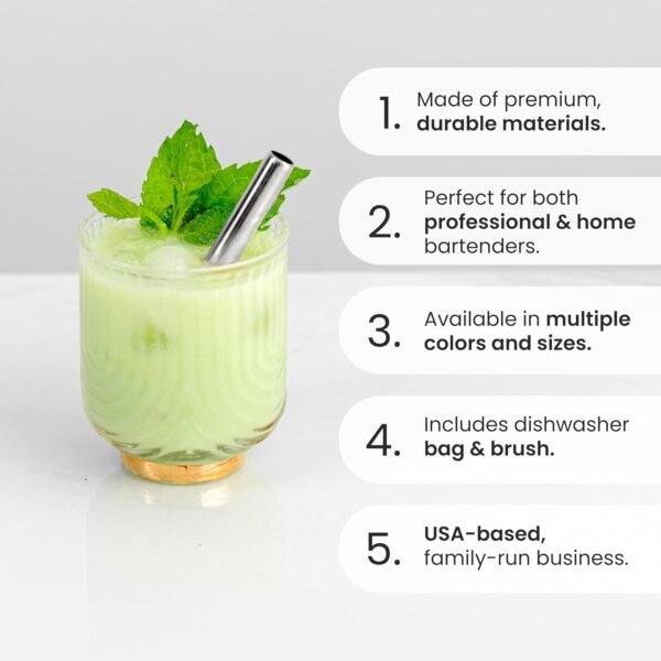 A Bar Above Stainless Steel Straws for Frozen Drinks & Boba Tea – 6 Short & 6 Long Metal Straws Reusable Set w/Straw Cleaner Brush – Reusable Straws for Drinking & Stirring – Cocktail Straws - Image 2