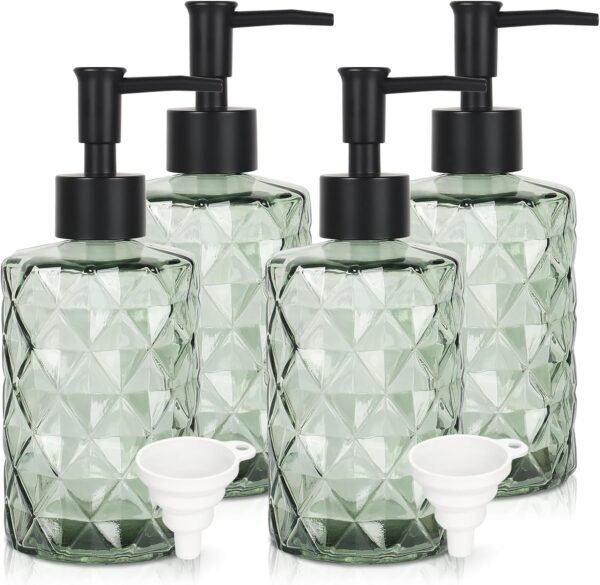 Green Glass Soap Dispenser Set for Bathroom, 11oz. Glass Soap Bottles with Plastic Pump, Kitchen Dish Soap Dispenser Set, Hand-Pump Dispenser for Shampoo, Lotion, Essential Oil (4Pcs)