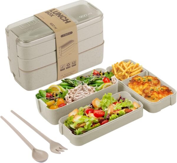 Bento Box for Adults, 3-In-1 Meal Prep Container, 900ML Japanese Lunch Box with Compartment, Wheat Straw, Leak-proof, Spoon & Fork, BPA-free (Beige)