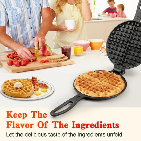 Cast Iron Waffle Cookware Two Piece Hinged Non Electric Waffle Iron for Stovetop or Grill Makes 7" Round Waffles Design Waffle Pan - Image 5