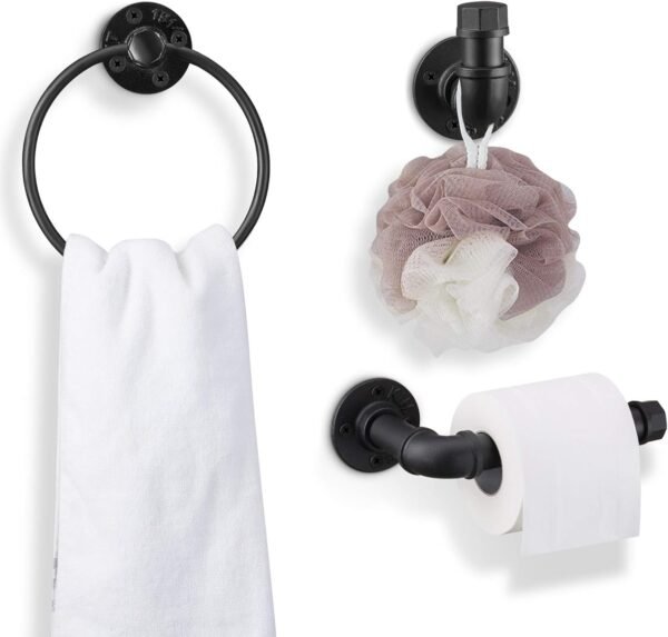 Industrial Black Bathroom Hardware Set, Wall Mounted Hardware Accessories, includes Toilet Paper Holder Towel Ring Towel Hook Set, Matte Black Iron Finish for Bathroom 3PCS - Image 3