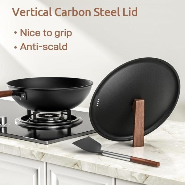 Carbon Steel Wok, 13-Inch, Pre-Seasoned, Non-Stick, with Lid and Spatula, Flat Bottom, Ideal for Stovetop Cooking - Image 4