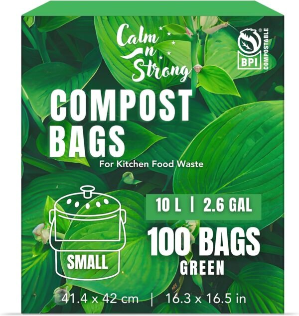 100% Compostable Trash Bags - 100 Count - Small 10 Litre/2.6 Gal Kitchen Food Waste Bags