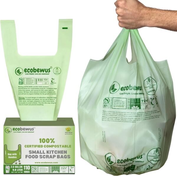 2.6 Gallon 100% Compostable Bags Handle Tie (110 Bags) Small Disposable Compost Trash Bags Food Scrap Garbage Bags US BPI Certified TUV OK Compost Home Certified Meeting ASTM D6400 (110 ct.)
