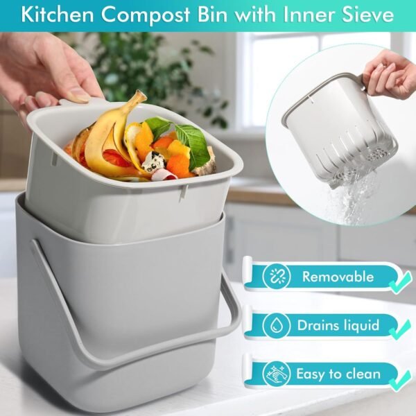 Small Compost Bin Kitchen - 1 Gallon Countertop Compost Bin with Lid, Indoor Compost Bins with Inner Sieve, Food Waste Bin for Kitchen Compost, Kitchen Food Scrap Pail Bucket - Image 5