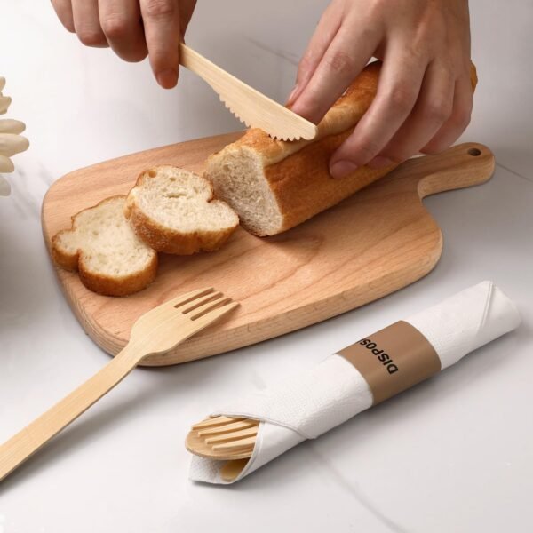 Bamboo Cultery Set with Pre Rolled Napkins- 50 Pack (6.7" 50 Forks 50 Spoons 50 Knives 50 Napkins) Compostable Fork Spoon Knife Set Individually Wrapped Disposable Flatware for Camping/Travel/Wedding - Image 4