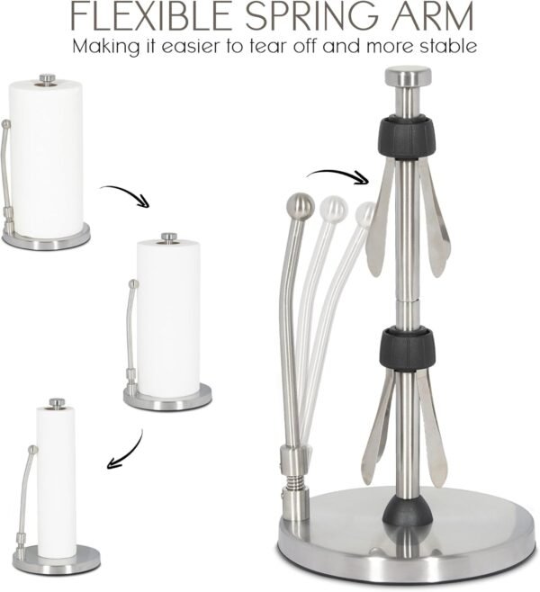 Stainless Steel Paper Towel Holder, Standing Weighted Base, Spring Arm Attachment for Easy One-Handed Tear, Has Suction Cups and Holds All Paper Towel Rolls, Perfect for Kitchen Countertop - Image 4