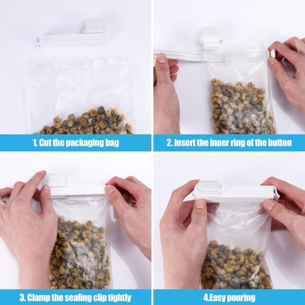 3pcs Seal & Pour Food Bag Clips, White Plastic Cap Sealer Clips Versatile Food Storage Sealing Clips Reusable Sealing Clip with Pour Spout for Cereal Snacks and More - Image 5