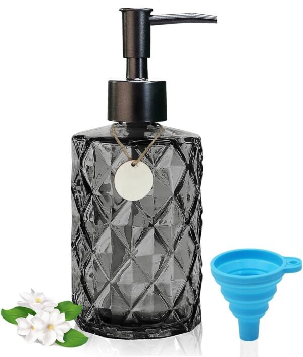12 Oz Black Clear Diamond Glass Soap Dispenser with Plastic Pump, Small Liquid Hand Refillable Bathroom Dish Lotion Soap Bottle Set, for Bathroom, Kitchen, with Funnel & Blank Wooden Tag