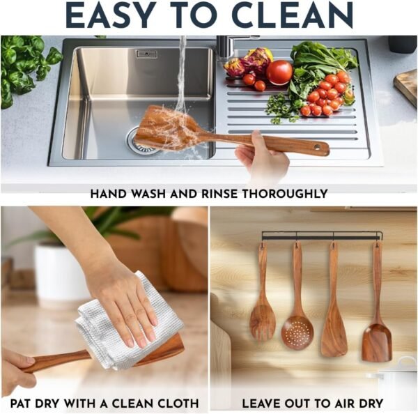 Teak Wooden Utensil Set 6-Piece - Smooth Finish Wooden Spoons for Cooking Comfortable Grip, Non Scratch Premium Teak Wood Kitchen Utensils Set - Image 6