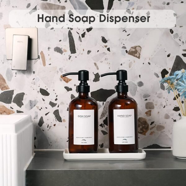 Glass Soap Dispenser with Ceramic Tray and Stainless Steel Pump, Kitchen Soap Dispenser Set with 12 Waterproof Labels, Dish Soap and Hand Soap Dispenser for Kitchen Bathroom Farmhouse - Image 3