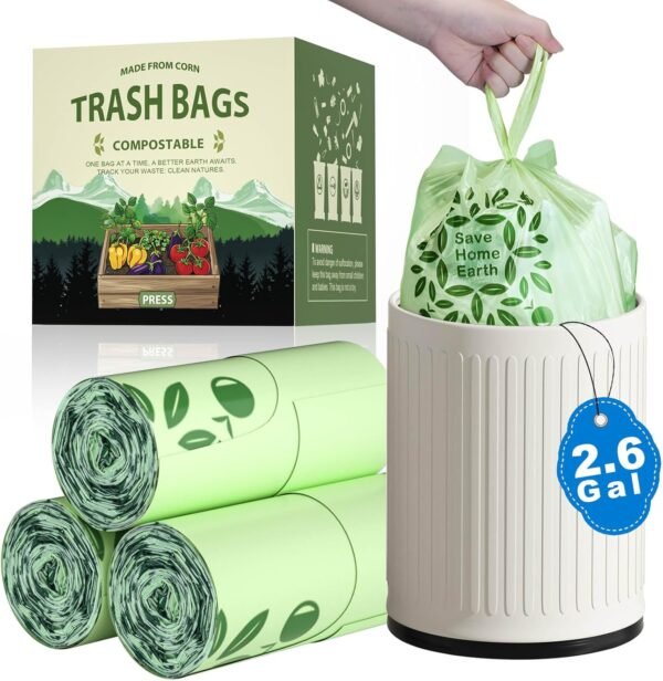 2.6 Gallon Compost Bags with Handle Tie, AYOTEE 75 Count Mini Compost Kitchen Food Scrap Waste Bags, Certified By ASTM Standard Compostable Trash Bags for Compost Bin Kitchen Green