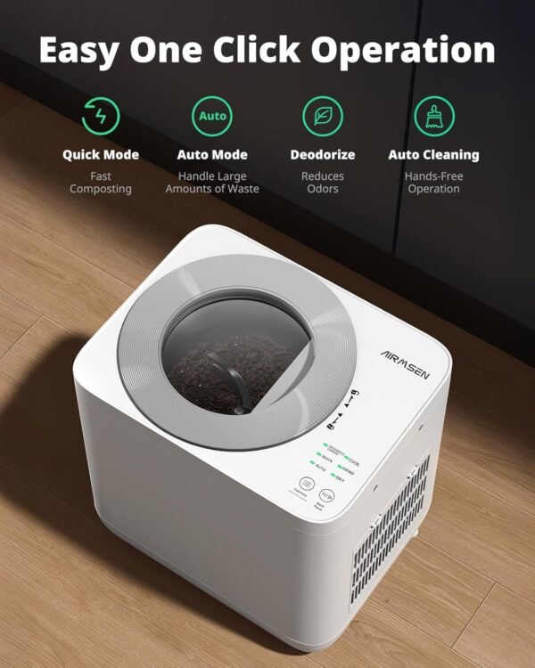 AIRMSEN 4L Electric Kitchen Composter 3-5H Rapid Composting, 320℉ Drying - Mill Composter Includes Serrated Blade and 2 Odorless Filter - Compost Bin for Indoor & Outdoor - White - Image 4