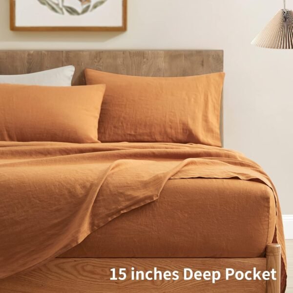 ATLINIA Bedding Linen Sheets Set Bed - 100% French Linen Sheets King Size Organic Flax Bedding Farmhouse Boho Style - Deep Pocket Fitted Sheet & Flat Sheet & 2 Pillowcases (Rust, King) - Image 4