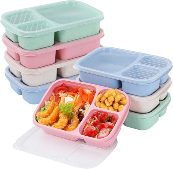 8 Pack Bento Lunch Box Set 3 Compartment Wheat Straw Meal Prep Food Storage Containers Plastic, Microwave and Dishwasher Safe(8 Pack（3 Compartment)