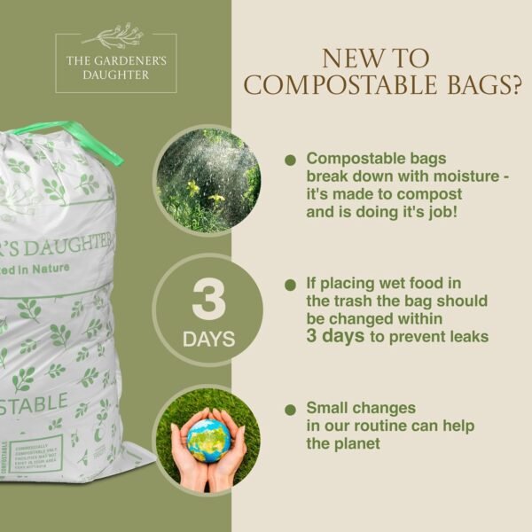 The Gardener's Daughter Compostable Trash Bags - 13 Gallon, 30 Count, Extra Strength, White, Drawstring Kitchen Waste Bag, BPI and TUV Certified, OK Home Compostable - (Evergreen) - Image 7
