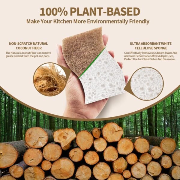 Natural Dish Sponges Kitchen - 12 Count Coconut Scrubber Sponge, Biodegradable Compostable Cellulose, Eco Friendly Sponges for Dishes, Ideal Stocking Stuffers, Non Scratch - Image 4